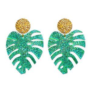 Acrylic glitter monstera/palm leaf drop earrings